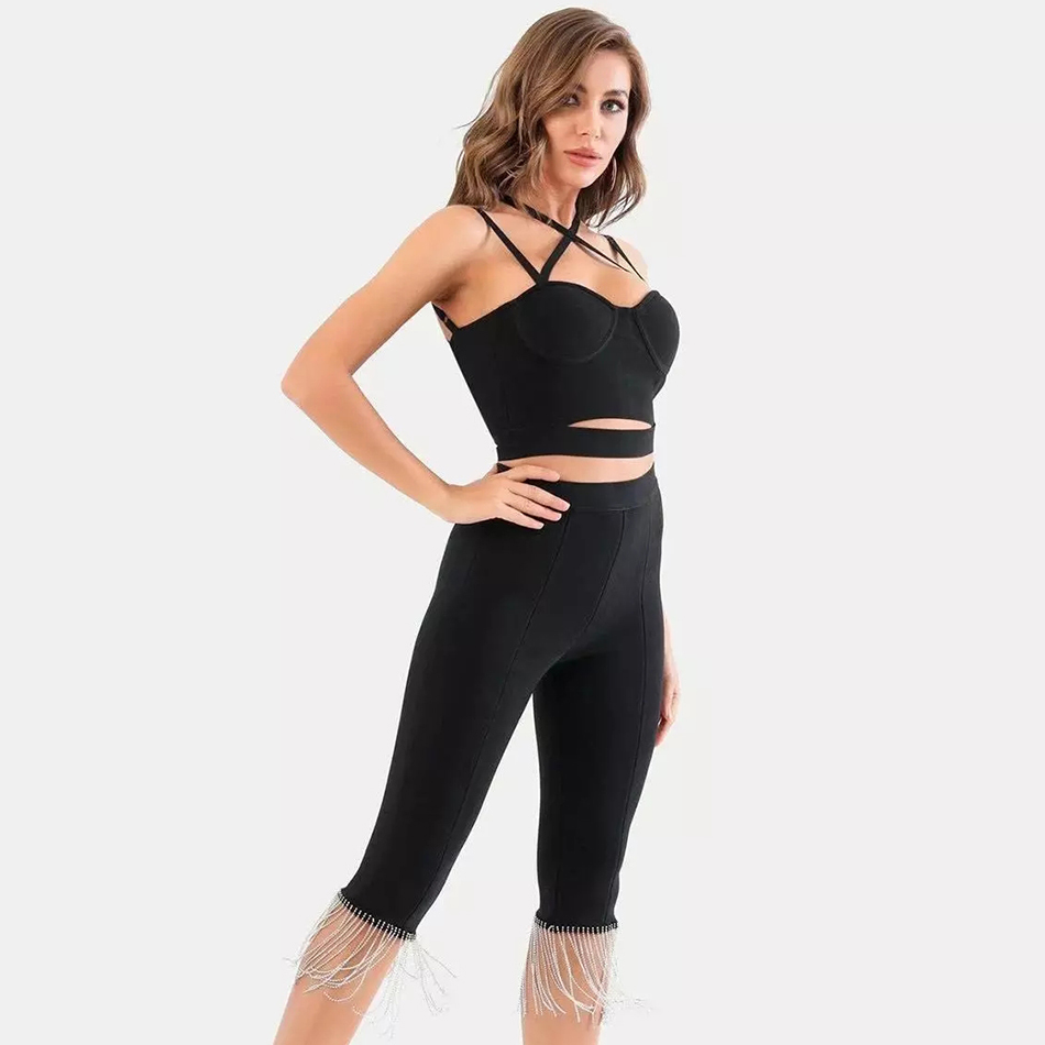 Free Diamond Tassel Bandage Pants Set Sexy Halter Short Vest & Tight Cropped Ladies Two-piece 210524