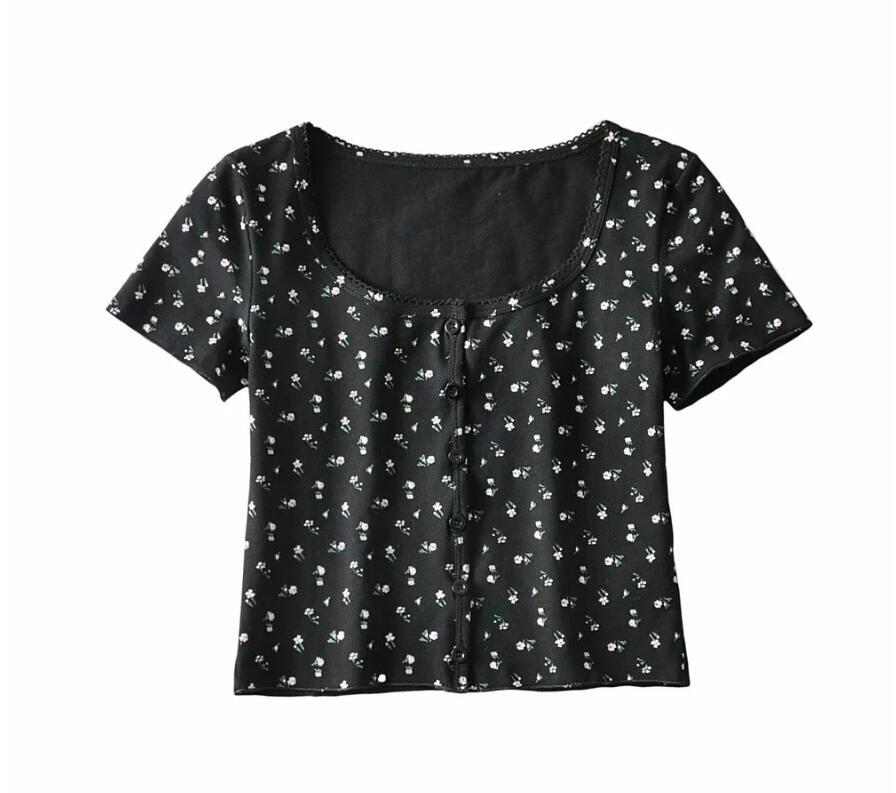 5 Colors CHIC 70s Vintage O neck Floral Short Sleeve Tee Base T-shirts Girl Single-breasted Button T-shirt crop top 210429