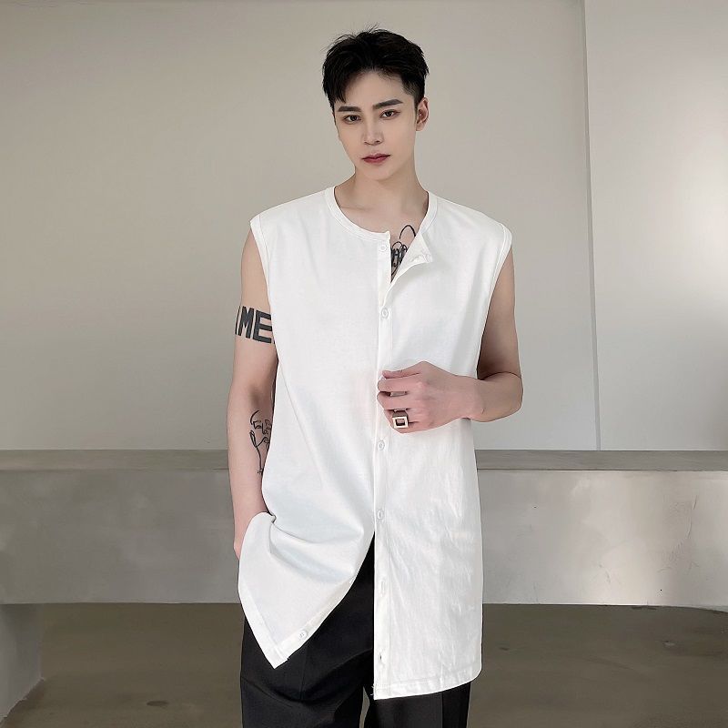 IEFB Spring And Summer Long Round Neck Cardigan Sleeveless Vest Single Button Wear Fashion Black White Tops 9Y5565 210524