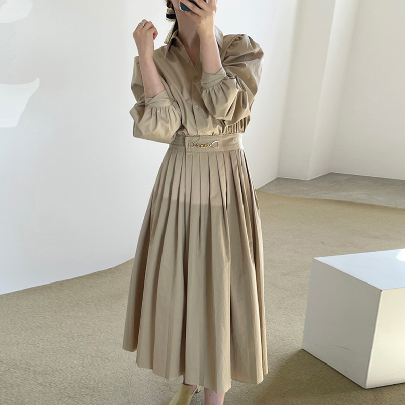 Elegant Solid Pleated Women Dresses Vintage Chic Slim Waist Turn Down Collar Femme Robe Puff Sleeve Vestidos 28177 210519