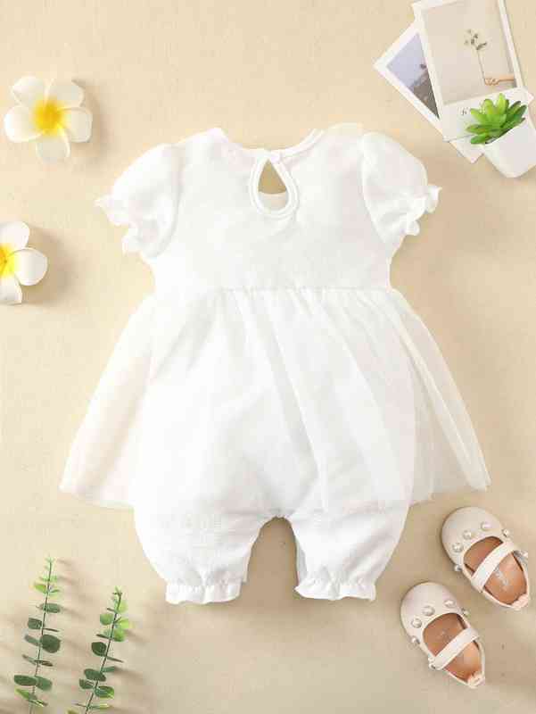 Baby Floral Embroidered Puff Sleeve Ruffle Trim Contrast Mesh Romper SHE