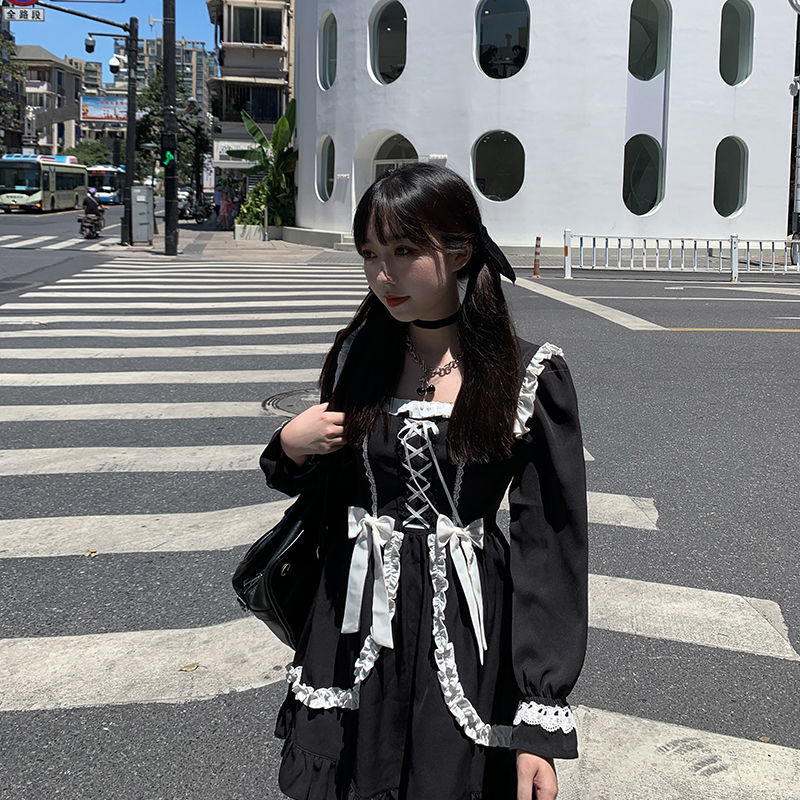 Japanese Lolita Gothic Dress Girl Patchwork Vintage Bandage Mini Robe Kawaii Clothes Fall es for Women 210519