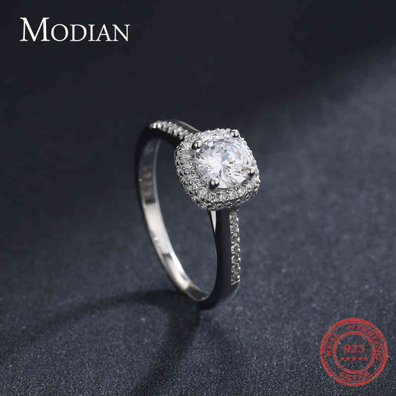 Modian Genuine 925 Sterling Silver Round Clear Cubic Zirconia Engagement Rings For Women Wedding Promise Statement Jewelry Gift
