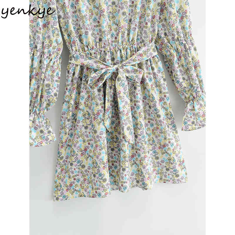 YENKYE Sexy Backless Sweet Floral Print Dress Women O Neck Long Sleeve With Belt A-line Female Dress Plus Size Summer Vestido 210515