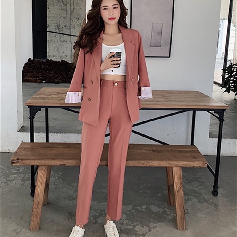 Work Pant Suits Office 2 Piece Sets Double Breasted Blazer Jacket coat + OL Trousers Suit For Women Set Feminino 210519