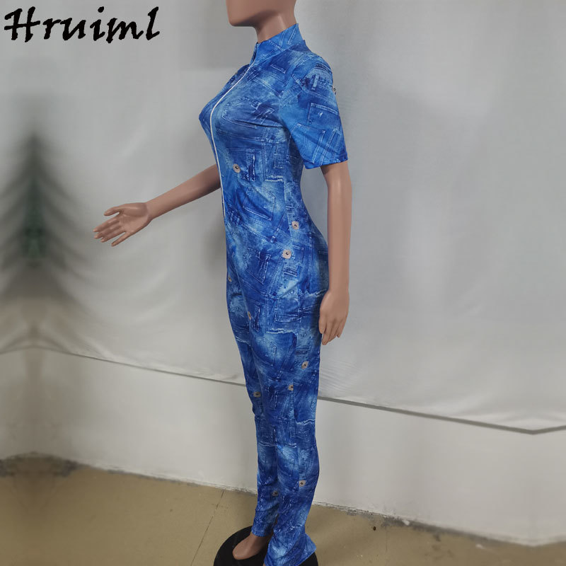 Women Jumpsuits for Summer Fashion Short Sleeve Stand Collar Zipper Skinny Body Suits Bodycon Overalls Outfit 210513