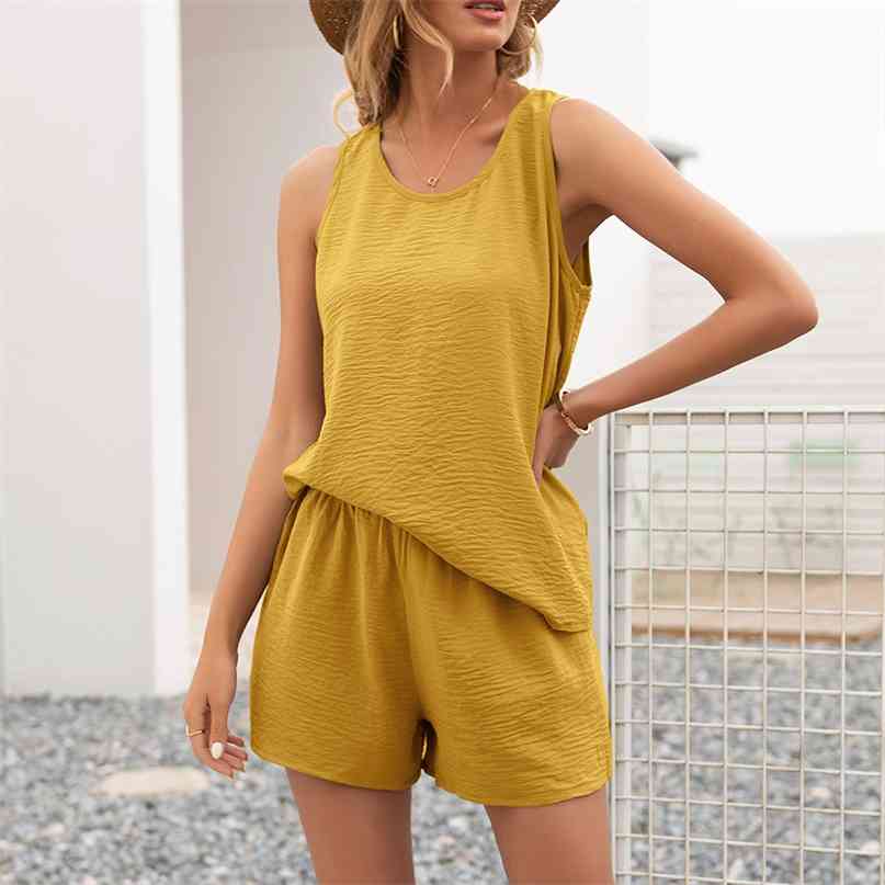 O-neck Sleeveless Tops Solid Color Vest Shorts Elastic Waist Women Casual Loose Commute Comfortable Straight Suit 210603, Orange
O-neck Sleeveless Tops Solid Color Vest Shorts Elastic Waist Women Casual Loose Commute Comfortable Straight Suit 210603, Orange