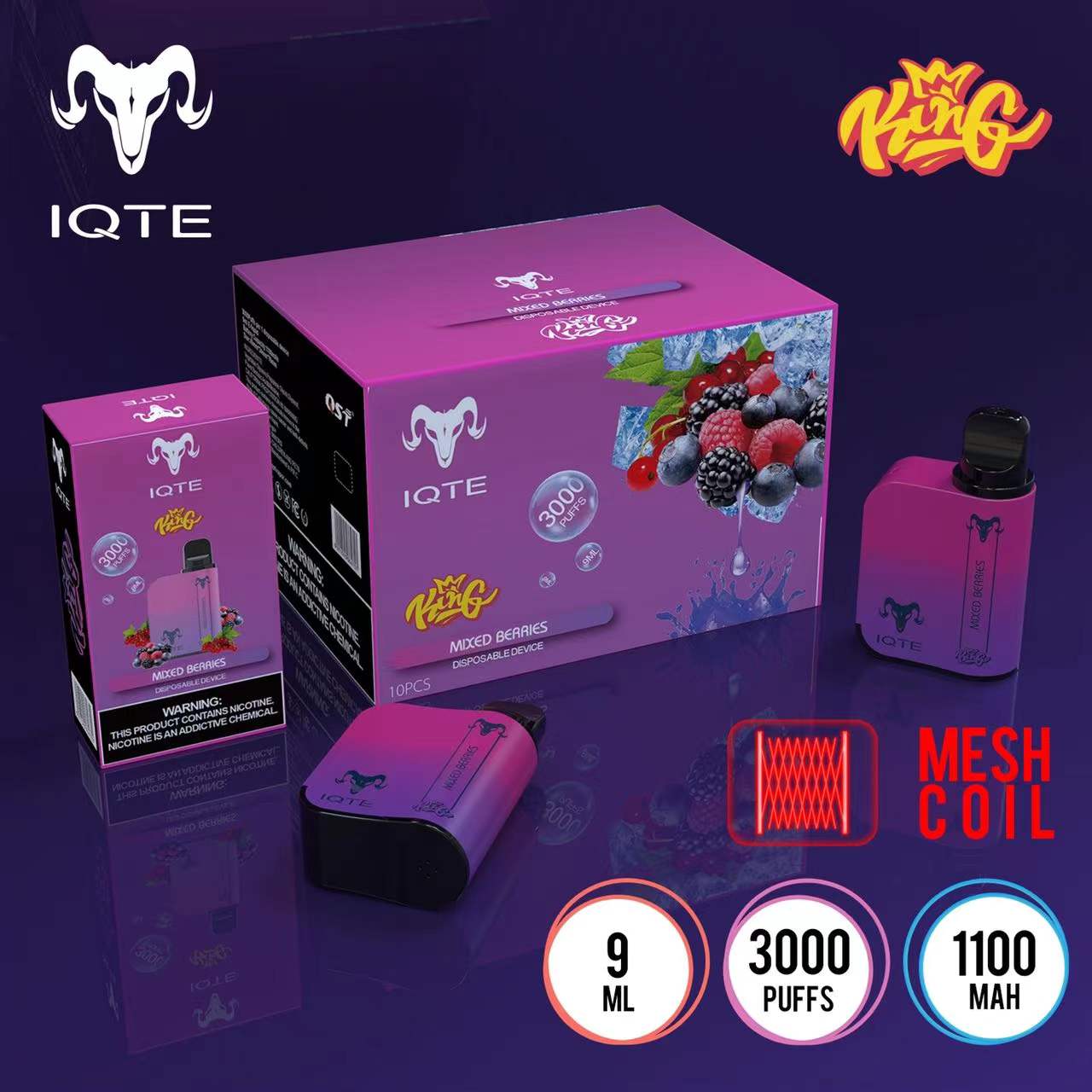 Disposable Vape IQTE King 3000 Puffs E Cigarette 1100mah battery 9ml pre-filled pods device Mesh coil 100% Original VS INFINITY Air Bar Box
Disposable Vape IQTE King 3000 Puffs E Cigarette 1100mah battery 9ml pre-filled pods device Mesh coil 100% Original VS INFINITY Air Bar Box