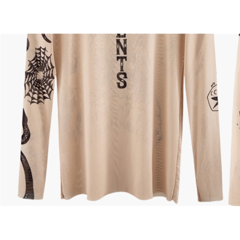 Autumn New Fashion Women Basal Top Goddess Tatoo Print Long Sleeve High Tight Collar Nude Color Mesh Yarn SEXY T-shirt B666 210406