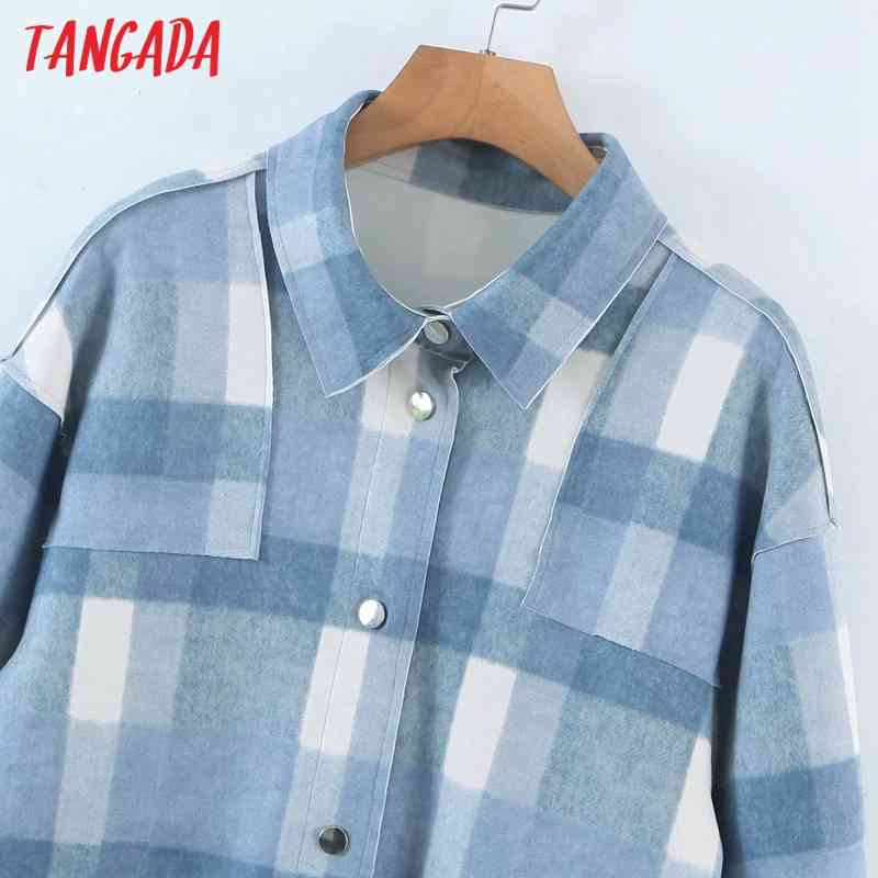 Women Blue Plaid Coats Jacket Loose Long Sleeves Pocket Ladies Elegant Coat QD07 210416