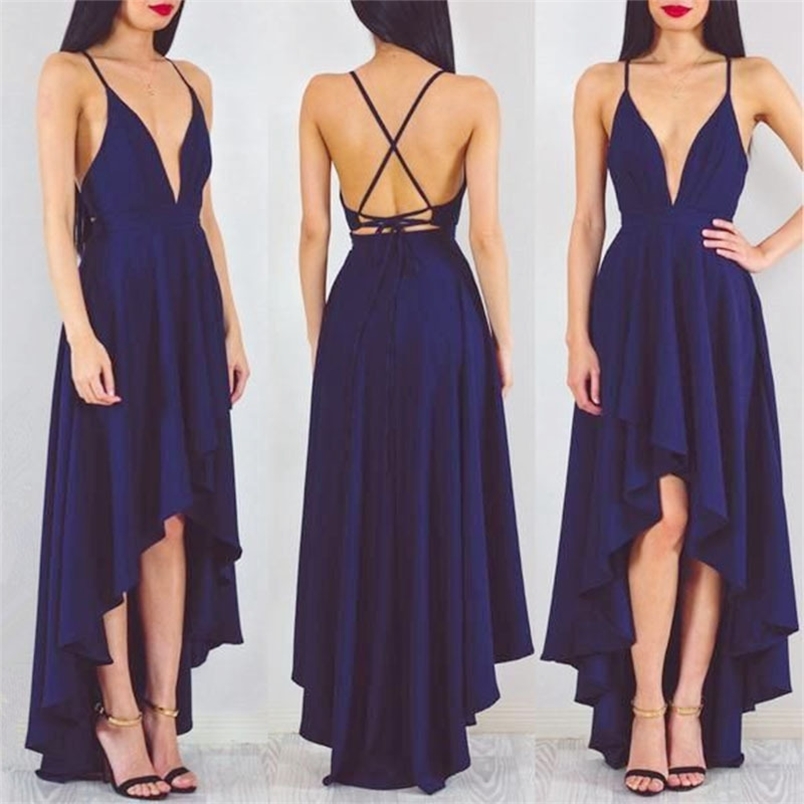 Women Dress Deep V Neck Sleeveless Sexy Spaghetti Strap High Waist Backless Lace Up Asymmetry Maxi es 210513
