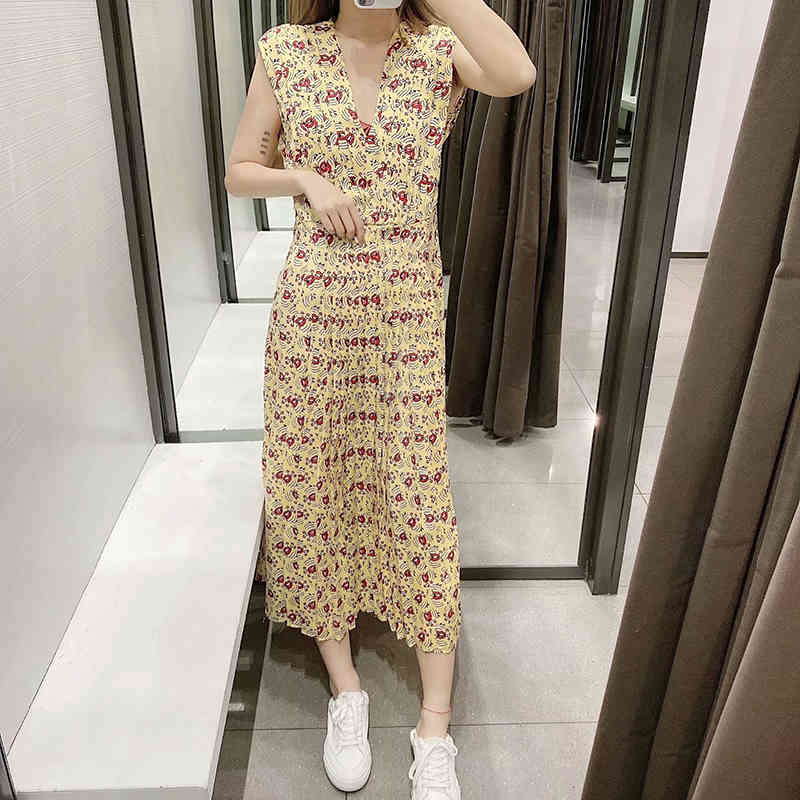 Elegant Women V Neck Floral Print Long Dress Sleeveless Bandage Fashion Pleated Female Satin Maxi Lady Vestido Mujer 210515