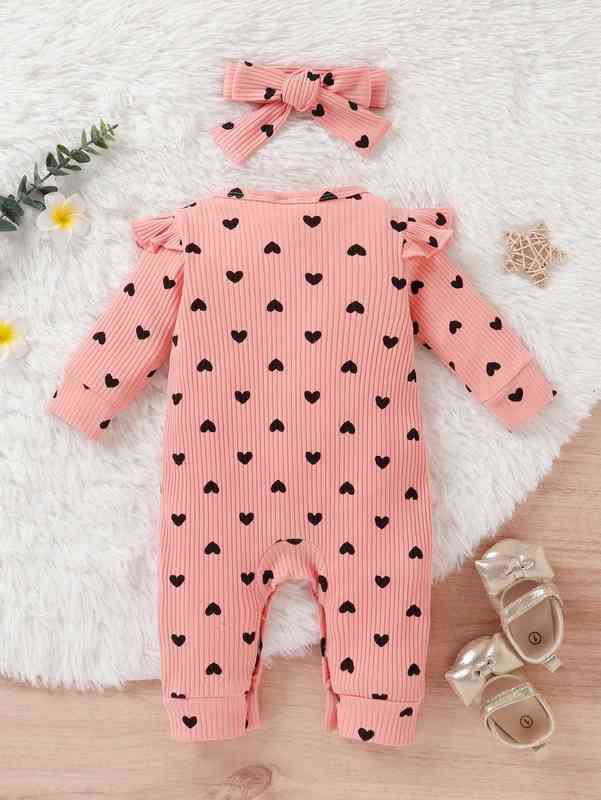 Baby Allover Heart Print Ruffle Trim Jumpsuit & Headband SHE