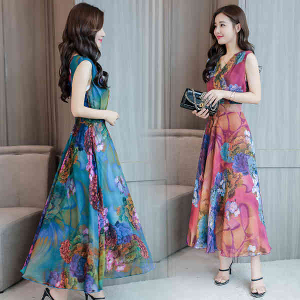 Chiffon Dress Summer Printed slim Female V Neck Sleeveless Bohemia Long Dresses Plus Size 210519