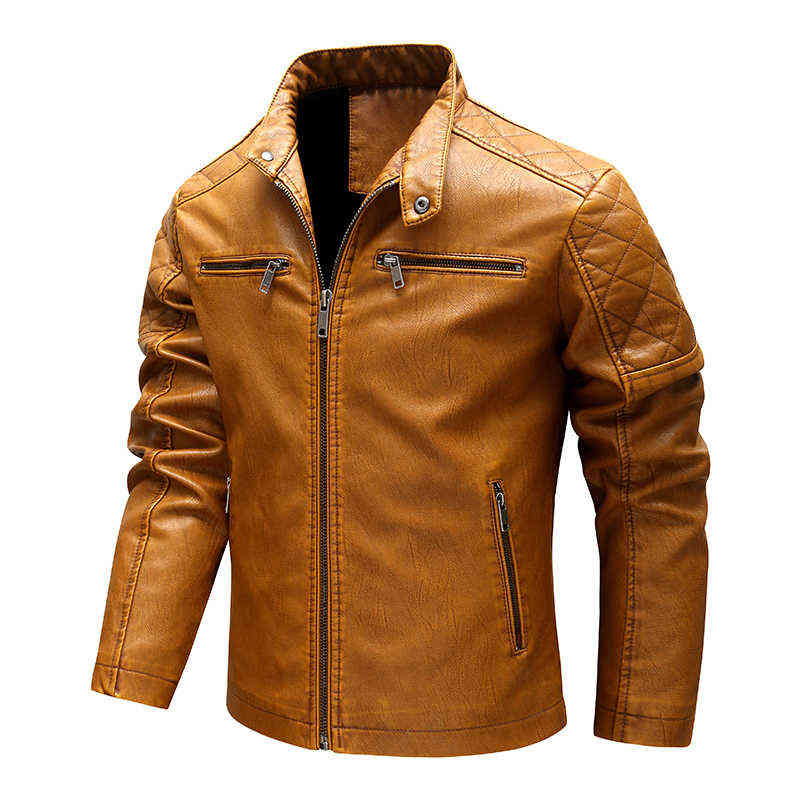 Autumn/Winter Fleece Motorcycle Leather Jacket Full Zip Faux-Leather Men's Coat Brown Vintage Plus Size Slim Mens Wear Jacket 211111
