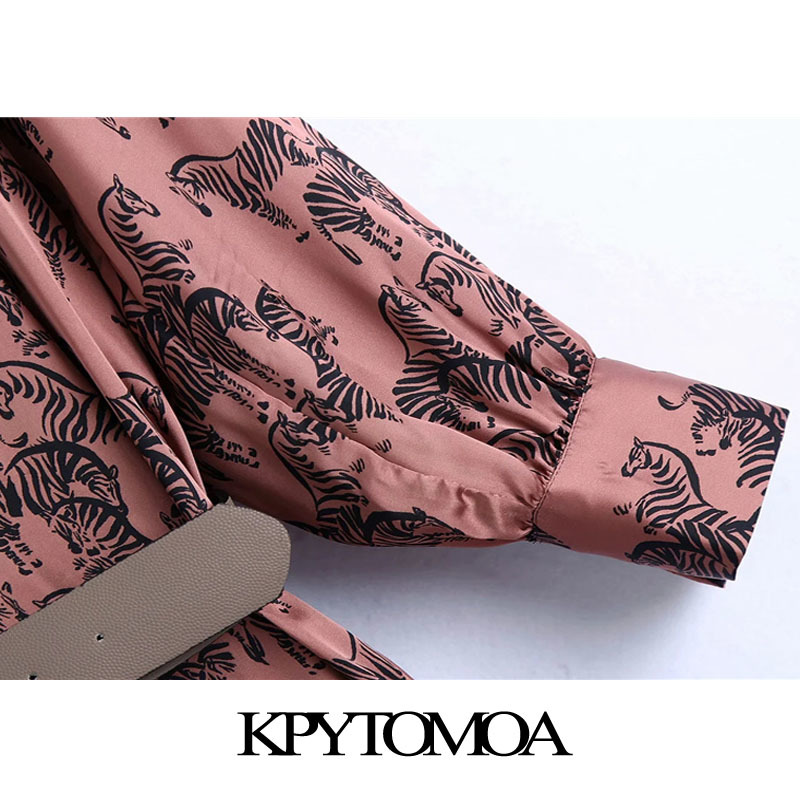 Women Chic Fashion With Belt Animal Print Cozy Midi Dress V Neck Button-up Female Dresses Vestidos Mujer 210420