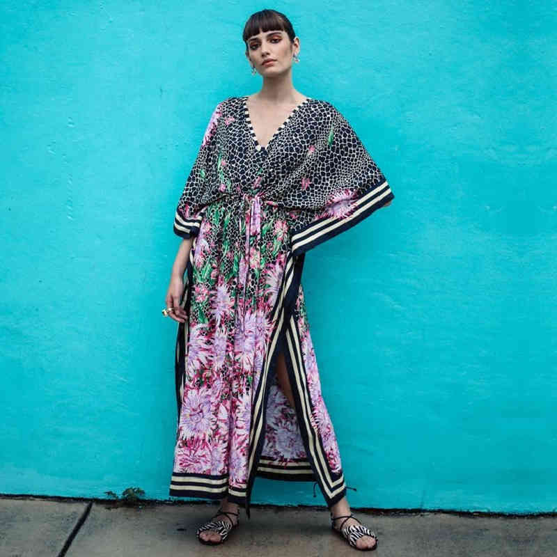 Multicolored Bikini Cover-ups Sexy V-neck Half Sleeve Boho Summer Beach Dress Plus Size Beachwear Swimsuit Cover Up Q1088 210420