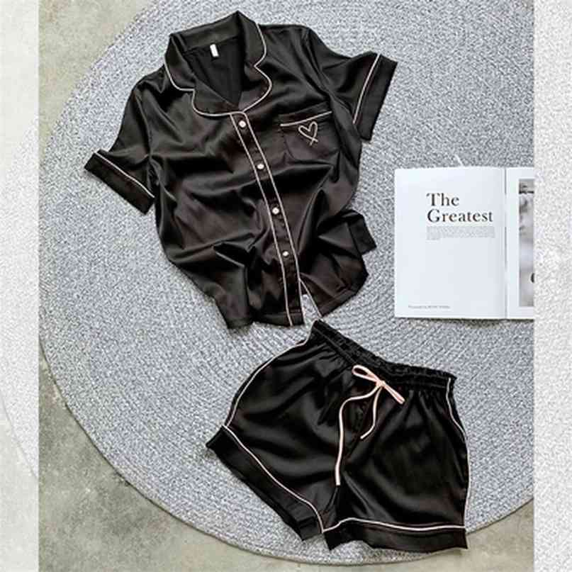Silk Pajamas for Women Home Suit Heart Embroidered Pyjamas Pj Set Satin Nightwear Sleepwear Pijama Verano Mujer 210924