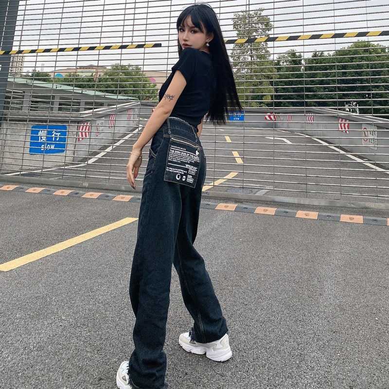 SHENGPALAE Harajuku Style Removable Letter Pocket Jean's Spring High Waist Loose Wide Leg Denim Pants 5B817 210922