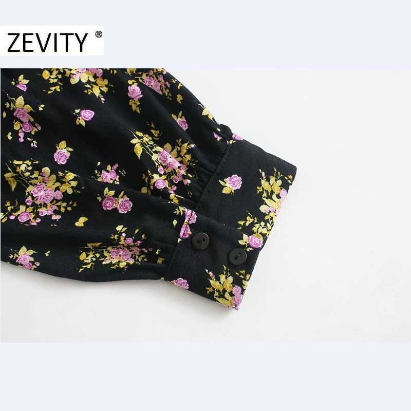 ZEVITY Women Vintage Pleats Square Collar Floral Print Side Zipper dress Ladies Puff Sleeve Business Vestido Chic Dresses DS4519 210603