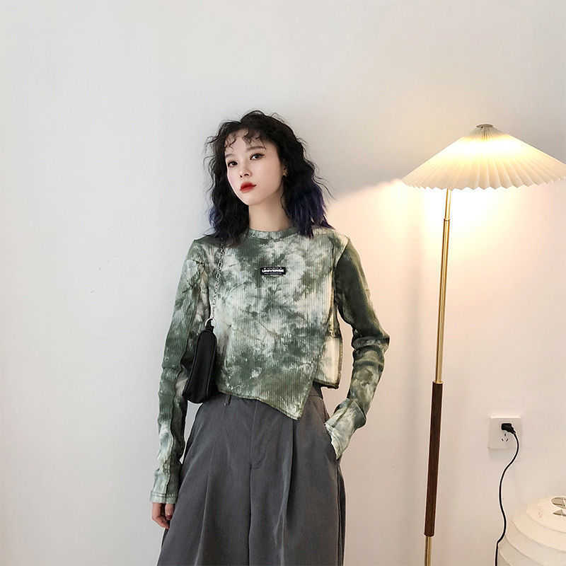 Yedinas Spring Tie Dye Long Sleeve T-shirt Irregular Chic Slim Crop Top Women High Street Fashion T Shirt Korean Streetwear Tops 210527