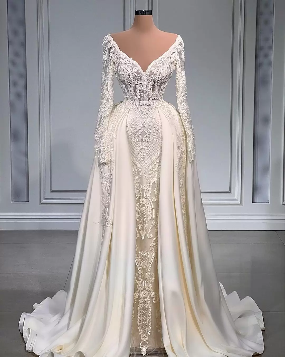 Overskirt 2022 Mermaid Wedding Dresses Bridal Gown Sweep Train Satin Beaded Lace Applique Tulle Long Sleeves Custom Made Plus Size Beach Vestido De No