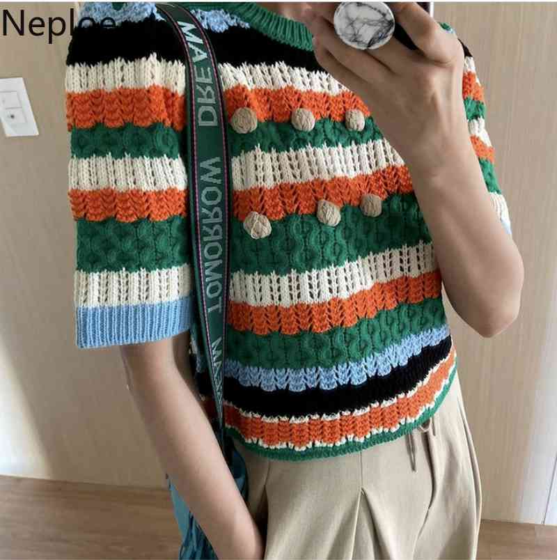 Neploe Knit Cropped T Shirt Women Summer Shirt Hollow Out Contrast Color Striped Tees Korean O Neck Pullover Short Sleeve Tops 210422