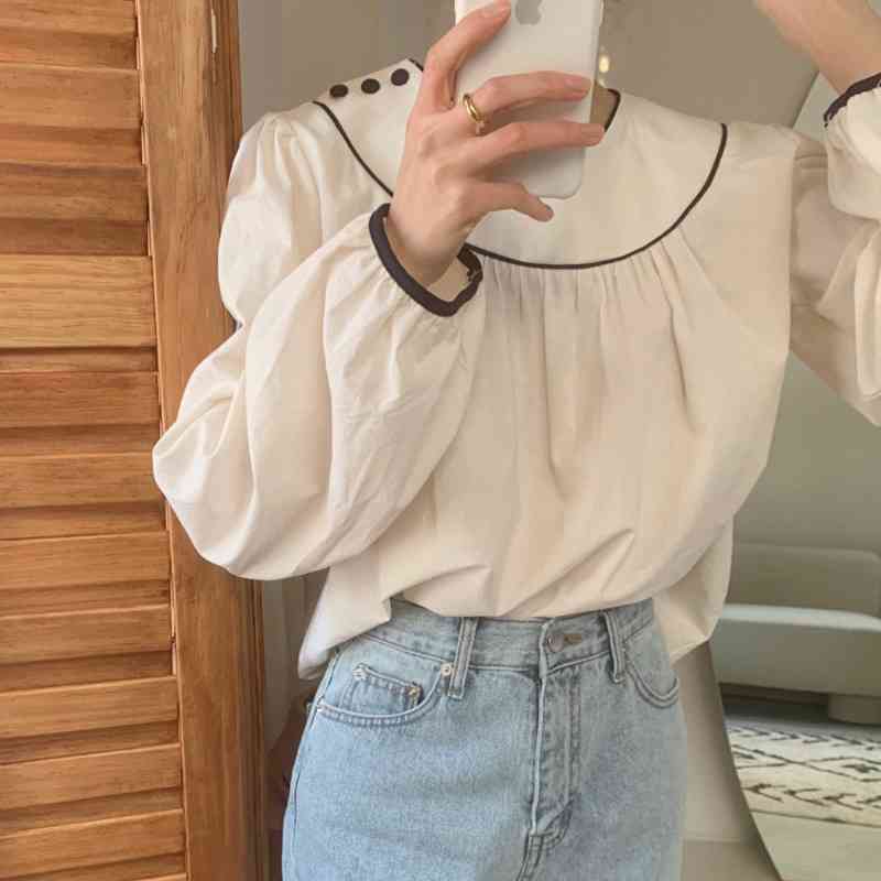 Comelsexy Solid Office Lady Shirts O-Neck Vintage Puff Sleeves Tops Retro Sweet Chic Loose All Match Streetwear Blouses 210515