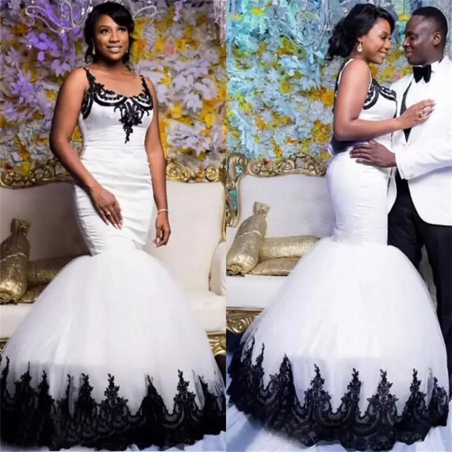 Black And White Mermaid Wedding Dresses Bridal Gown With Lace Applique Crystal Or Length Satin Tulle Spaghetti Straps Custom Made Vestido De Novia 403