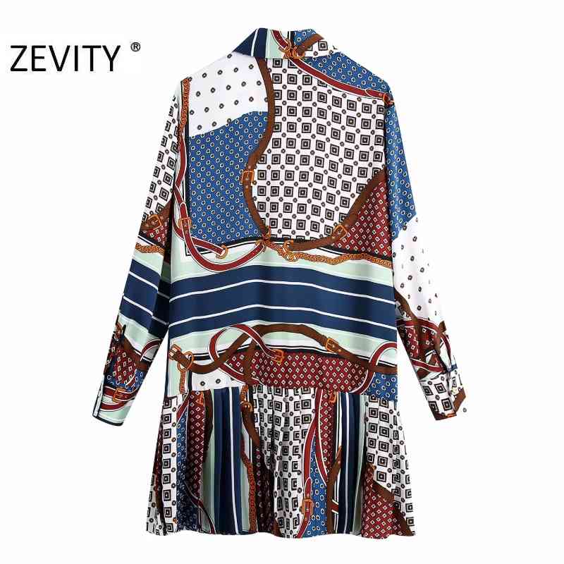 Zevity Women Vintage Patchwork Geometric Chain Print Hem Press Pleated Mini Shirt Dress Office Ladies Chic Court Vestido DS4620 210409