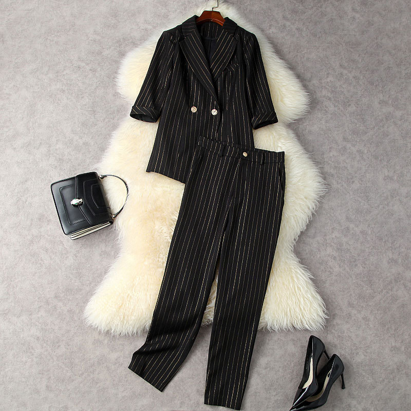 2021 Fall Autumn 3/4 Sleeve Notched-Lapel Black Striped Double-Breasted Blazers Coat + High Waist Long Pants Two Piece Suits 2 Pieces Set 21G3012613, Blackcc