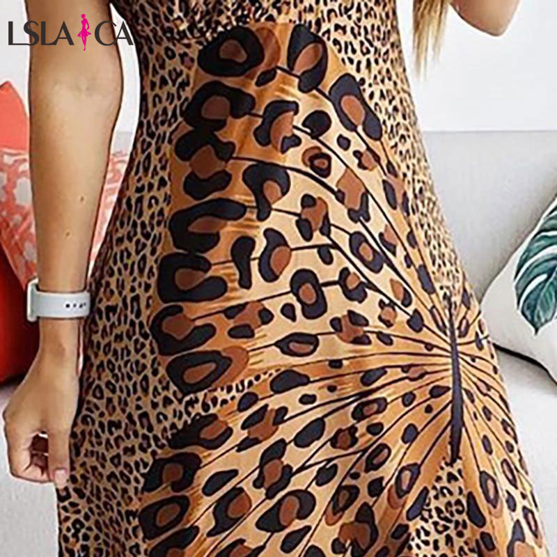 Sling Leopard Sexy Women Dress Print Butterfly V Neck Sleeveless Maxi Chiffon Elegant Prty Beach Vestidos 210515