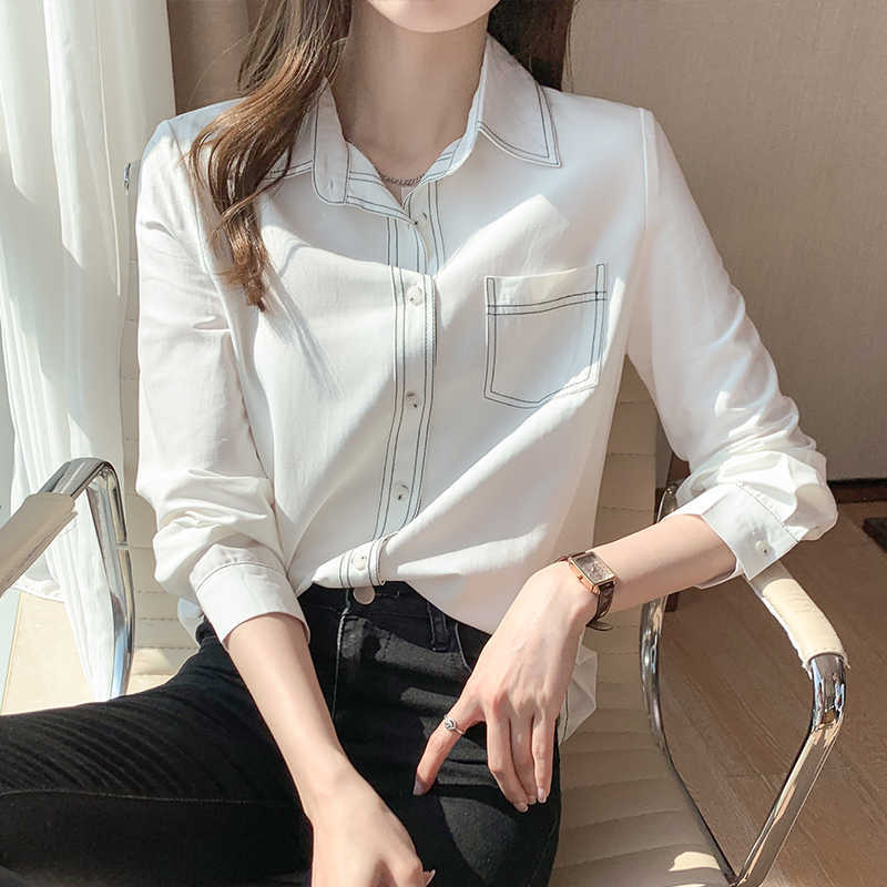 Korean Women Blouse White Shirts Long Sleeve Woman Chiffon Blouses Striped Pocket Tops Plus Size 210604
Korean Women Blouse White Shirts Long Sleeve Woman Chiffon Blouses Striped Pocket Tops Plus Size 210604