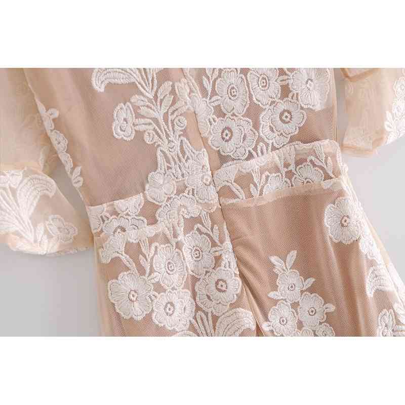 Spring Women Perspective Mesh Hollow Out Embroidery Short Dress Sexy Slim fit Package Hips Party Dresses 210429