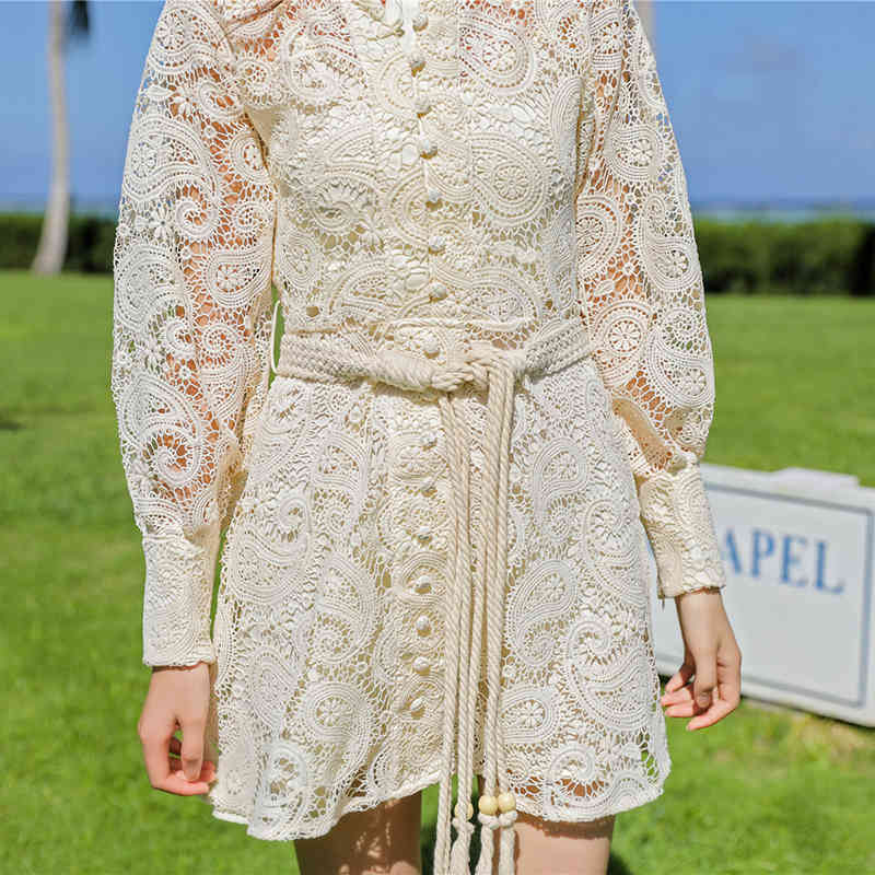 SHENGPLLAE Lace Embroidered Hollow Dress Women's Summer Stand Collor Up Waist Bubble Sleeve Mini Dresses Female 210427