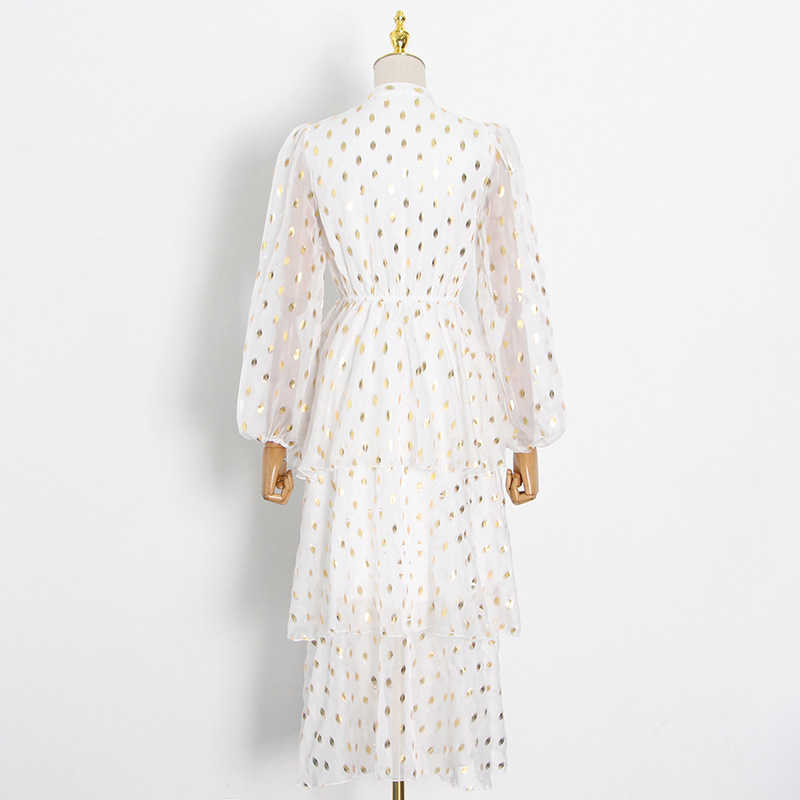 Spring Summer Long Puff Sleeve Stand Collar Femme Robe Elastic Waist Women Dress Korean Fashion Ruffles Vestido 13A133 210525