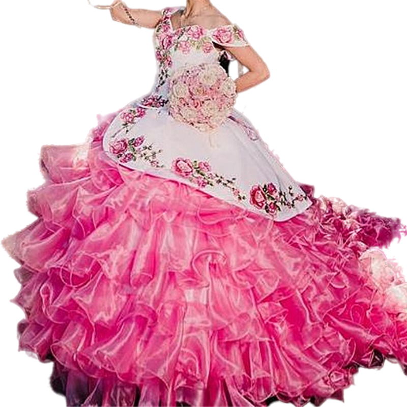 Charro White And Pink Quinceanera Dresses Embroidery Floral Lace Appliques Off The Shoulder Court Train Sweet 16 Dress Prom Ball Gowns 15 Vestidos De 