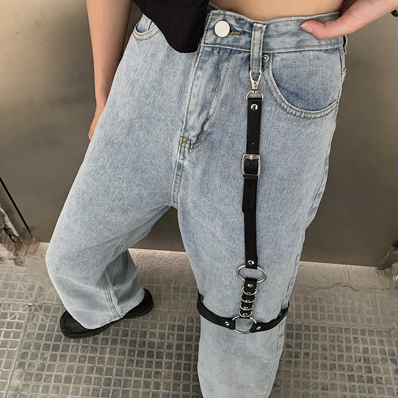 Baggy High Waist Women's Jeans Streetwear Light Colour Straight Pants Harajuku Fashion Denim Trouser Black Leather Buckle 210922