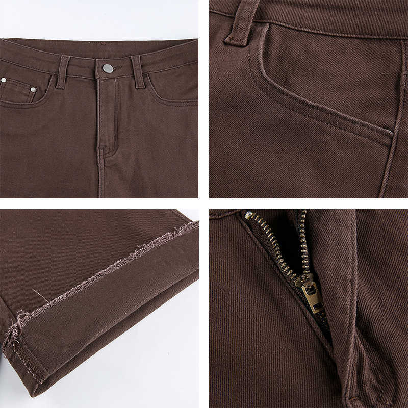 Vintage Brown Y2K Jeans For Girls Female Fashion Women's Classic Flare Denim Pants High Waist Trouser Harajuku Capris Pockets 210730