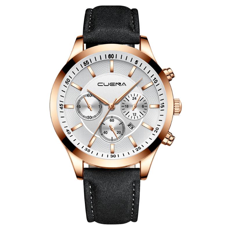 

Wristwatches High Quality CUENA Men's Business Leath Belt Watch Three Eyes Six-Piece Calendar Quartz Wristwatch Clock Gift Dropship