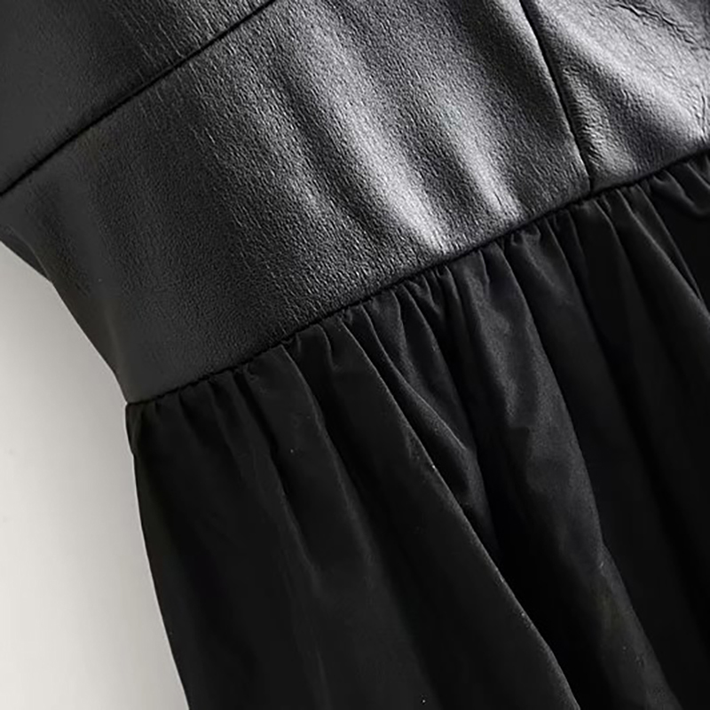 Black PU Leather Patchwork Mini Dress Women Spaghetti Strap Pleated Party es Sexy Sleeveless Backless Short 210508