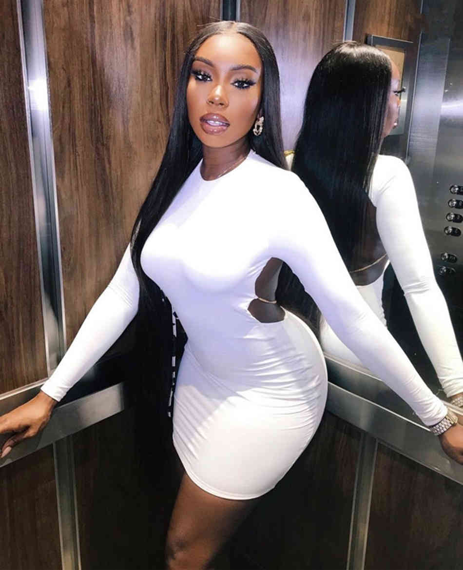 Free Women White Bandage Dress Sexy O-neck Long Sleeve Bodycon Halter Celebrity Club Party Mini Vestidos 210524