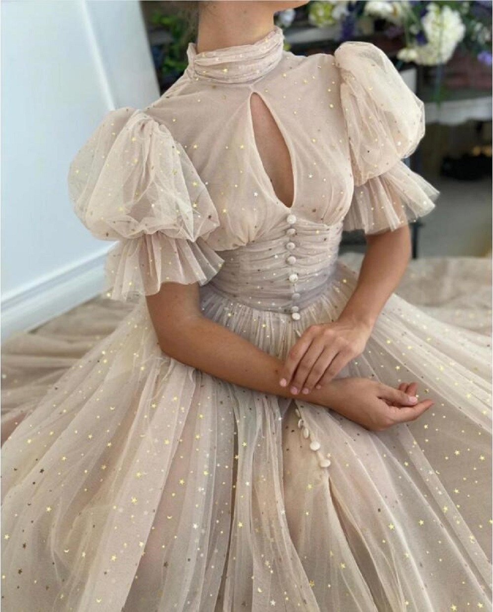 Vintage High Neck Starry Pastel Prom Dresses For Women Girls Short Sleeves A Line Princess Evening Gowns Tea-Length Women Party Dress Pockets