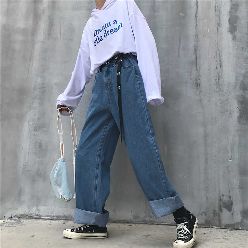 LAPPSTER High Waist Jeans Pants Women Boyfriend For Harajuku Denim Harem Ladies Wide Leg Blue 210922
