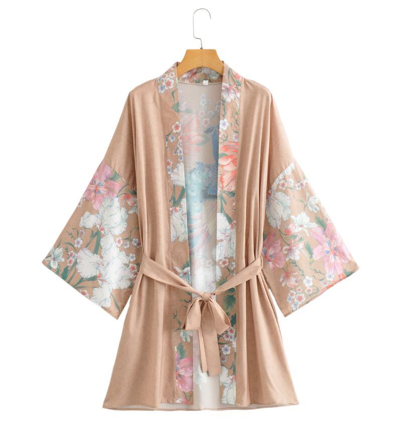 Bohemian V neck Peacock Flower Print Kimono Shirt Ethnic Lacing up Sashes Middle Long Cardigan Loose Blouse Tops femme 210429