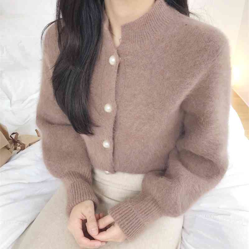 Elegant Long Sleeve Mohair Sweater Women Single-Breasted Female Short Cardigan Soft Flexible Knitted Mujer Sute 210520