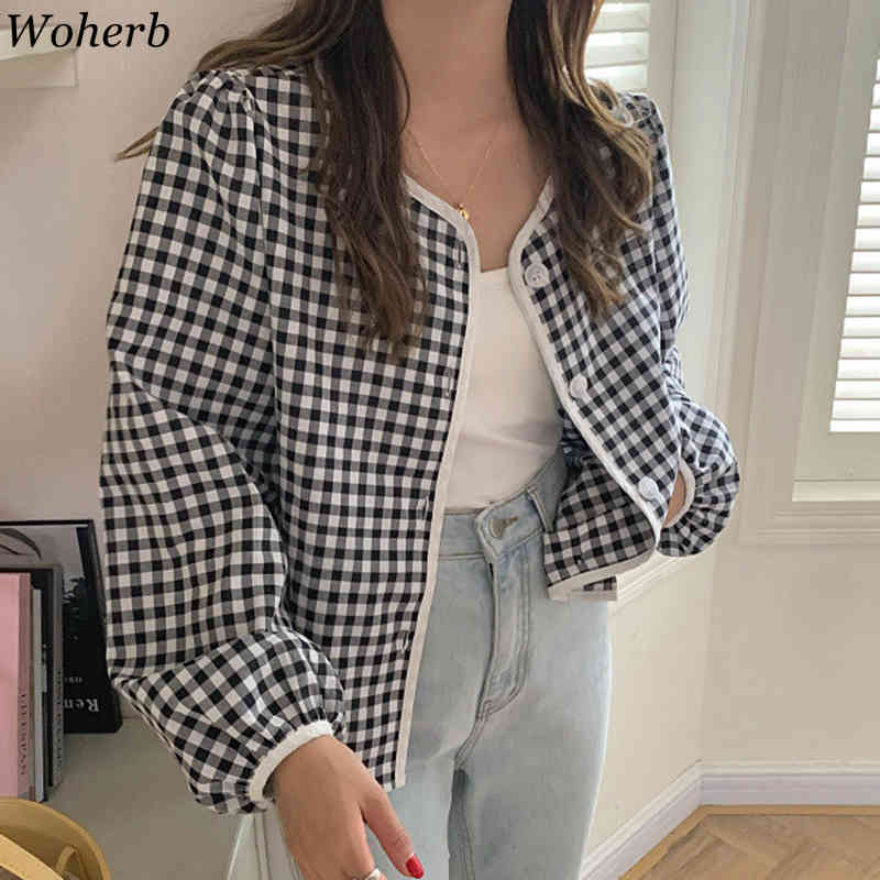Women Plaid Shirt Long Sleeve Crew Neck Single Breasted Loose Female Tops Harajuku Cute Blouses Casual Korean Chic Blusas 210519