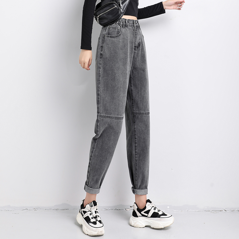 Fashion Women Autumn Chic Office Lady Denim Trousers Jeans Vintage High Waist Loose with Gray Blue 10736 210518