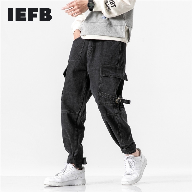 IEFB men's wear spring fahion balck jeans male causal cargo pants zipper big pockets loose Trousers with Ribbon 9Y847 210524