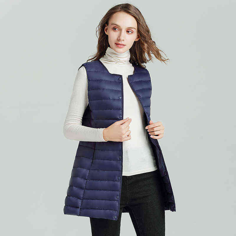 Bang Matt Fabric Women's Long Vest Ultra Light Down Women Waistcoat Female Coat Slim Sleeveless Without Collar 211120